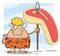 Happy Blonde Cave Woman Cartoon Mascot Character Holding A Spear With Big Raw Steak