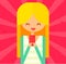 Happy blonde girl hanging pink phone. flat vector