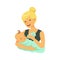 Happy blonde mother holding her bonded baby and feeding with milk bottle colorful vector Illustration