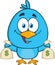 Happy Blue Bird Cartoon Character Holding A Bags Of Money