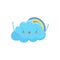 Happy blue cloud with adorable face and little hands, colorful rainbow behind him. Cartoon weather character. Flat