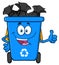 Happy Blue Recycle Bin Cartoon Mascot Character Full With Garbage Bags Giving A Thumb Up