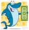 Happy Blue Shark Cartoon Mascot Character Holding A Dollar Bill
