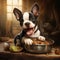 A happy Boston Terrier dog puppy eagerly eating its kibble from a bowl by AI generated