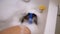 Happy Boy Bathes in Bath with Foam, Dives Under Water Wearing Diving Mask