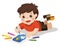 Happy Boy draw pictures pencils and paints on floor.Isolated vector