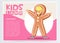 Happy boy dressed as gingerbread, cute kid in Christmas costume for masquerade, kids land banner flat vector element for