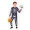 Happy boy in festive skeleton costume with mask. Halloween holiday party children funny celebration in kindergarten or