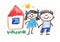 Happy boy and girl. Man and woman. Kids drawing style illustration. Crayon art. House, summer, sun