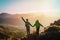 Happy boy and girl travel in mountains at sunset, kids enjoy hiking