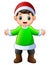 Happy boy in green santa claus costume with xmas red hat