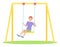 Happy boy has fun swinging on swing, playground. Outdoor games. Flat vector image on white