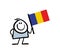 Happy boy holding big flag of Romania and smiles. Vector illustration of stickman prouds of his country and welcome to