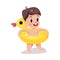 Happy boy with inflatable yellow duck buoy, kid ready to swim colorful character Illustration
