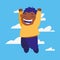 Happy boy jumping clouds background