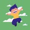 Happy boy jumping clouds background