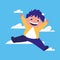 Happy boy jumping clouds background