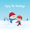 Happy boy kid enjoy making big dressed cute snowman in winter season background vector illustration. Holiday greeting card, banner