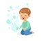 Happy boy kneeling playing bubbles vector Illustration