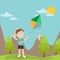 Happy Boy Launches Kite in the Mountains