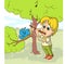Happy Boy Playing On Flute a Glade. Vector illustration.