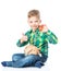 Happy boy with rabbit showing easter egg and thumbs up. Isolated