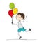 Happy boy running and holding colorful balloons in his hand