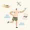 Happy Boy Running with Paper Airplane in Hand. Young Male Character Fly Plane in Air. Summer Vacation