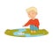 Happy Boy Sitting and Playing with Paper Boat in Puddle Engaged in Spring Season Activity Vector Illustration