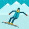 Happy boy snowboarder jumping on a snowboard. Snow mountain landscape. Extreme winter sports.