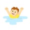 Happy boy stretching out his arms standing in a puddle chest deep, cartoon character design. Flat vector illustration