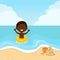 A happy boy swims in the sea in an inflatable ring. The child is cheerful. Cartoon illustration of sea shore.