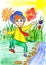 Happy boy walk on spring meadow with flowers - child drawing picture on paper