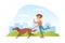 Happy Boy Walking with his Dog in Urban Park, Pet Animal Dragging Rollerblading Boy on Summer Landscape Cartoon Vector