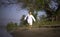 Happy boy in white shirt, running along the river bank