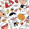 Happy boys in Halloween costumes with sweets seamless pattern.