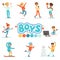 Happy Boys And Their Expected Normal Behavior With Active Games And Sport Practices Set Of Traditional Male Kid Role