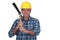 Happy bricklayer holding pickaxe