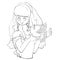 Happy bride in fot and with a dove in hands, outline drawing, isolated object on a white background,