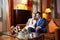 Happy bride and groom in interior of hotel room