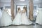 Happy brides in wedding dresses posing in salon
