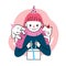 Happy brithday, woman and dog and cat and present  hand draw cartoon cute vector.