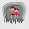 Happy brother and sister swinging on grey paper cut background f