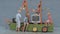 Happy brothers-boys in colored clothes and girl celebrate birthday of youngest boy on pirate ship