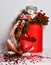 Happy brunette girl celebrate valentines day or birthday party sitting at big box with flowers holding red heart balloon