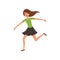 Happy brunette girl running jumping with wide open arms. Young woman with joyful face expression. Flat vector design