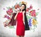 A happy brunette woman holds colourful bags from fancy shops. The concept of shopping.