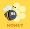 Happy Bumble Bee Cartoon Character Bee Flying In Front Of A Honeycombs With Text