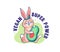 The happy bunny-baby with an avocado. Cartoonish vegan rabbit