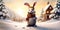 Happy Bunny, Christmas winter forest background. AI